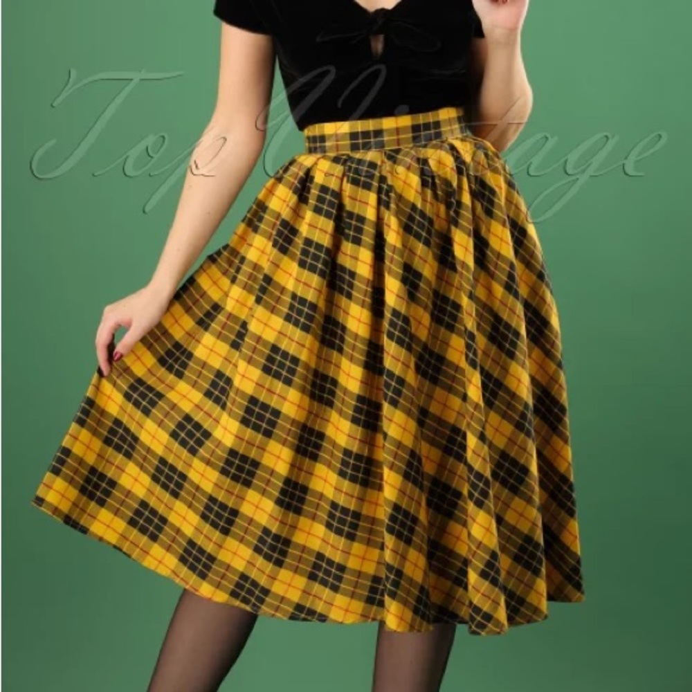 Retrolicious 40s Madison Swing Skirt in Yellow Black Red Tartan Plaid Large